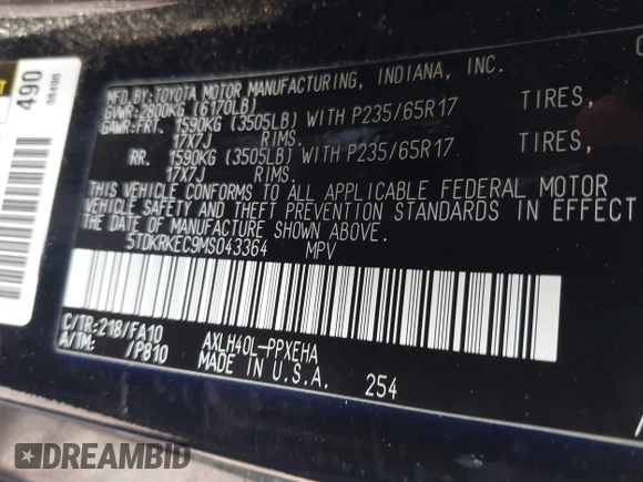 2021 Toyota Sienna LE с VIN 5TDKRKEC9MS043364, выставлен на аукционе IAAI как лот 41515918 с пробегом 98 028 миль миль и . История ставок и продаж доступна на DreamBid. Изображение 9.