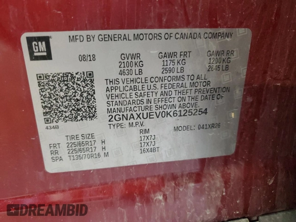 2019 Chevrolet Equinox LT z VIN 2GNAXUEV0K6125254, wystawiony jako Copart lot #54834765 z przebiegiem Nie podano mil oraz Szkoda całkowita • Salvage title. Historia ofert i sprzedaży dostępna na DreamBid. Obrazek 13.