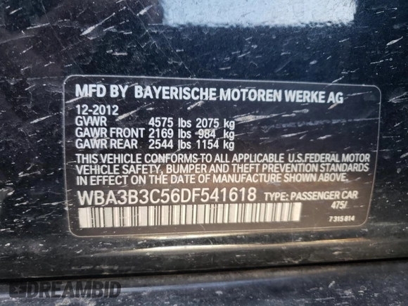 2013 BMW 3 Series 328i xDrive with VIN WBA3B3C56DF541618, listed as a Copart auction lot 49342235 with 166,747 mi miles and Salvage title. Bid and sale history available at DreamBid. Image 15.