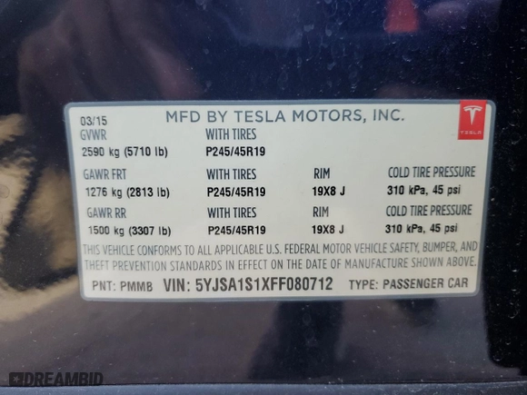 2015 Tesla Model S 85 kWh Battery with VIN 5YJSA1S1XFF080712, listed as a Copart auction lot 86868334 with 0 mi miles and Salvage Title. Bid and sale history available at carsss.com. Image 13.