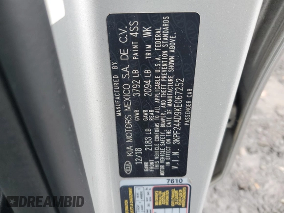 2019 Kia Forte LXS with VIN 3KPF24AD9KE067252, listed as a Copart auction lot 59881855 with 67,894 mi miles and Salvage title. Bid and sale history available at DreamBid. Image 12.