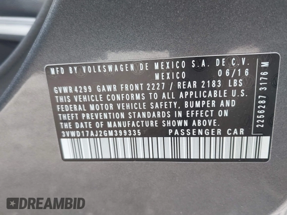 2016 Volkswagen Jetta Sport z VIN 3VWD17AJ2GM399335, wystawiony jako IAAI lot #42077435 z przebiegiem 92 284 mil mil oraz . Historia ofert i sprzedaży dostępna na DreamBid. Obrazek 9.