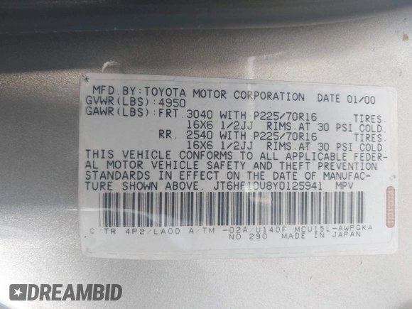 2000 Lexus RX 300 with VIN JT6HF10U8Y0125941, listed as a IAAI auction lot 41903827 with Not Provided miles. Bid and sale history available at carsss.com. Image 9.