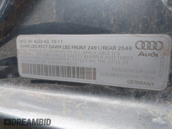 2012 Audi A4 Premium z VIN WAUBFAFL2CN011536, wystawiony jako IAAI lot #42322194 z przebiegiem 131 277 mil mil oraz . Historia ofert i sprzedaży dostępna na DreamBid. Obrazek 9.