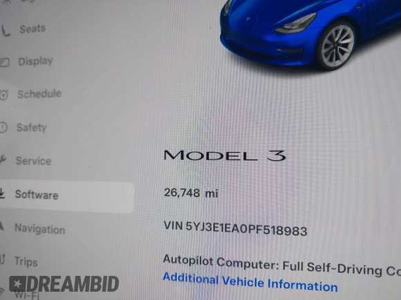 2023 Tesla Model 3 with VIN 5YJ3E1EA0PF518983, listed as a IAAI auction lot 41749225 with 26,748 mi miles and . Bid and sale history available at DreamBid. Image 16.