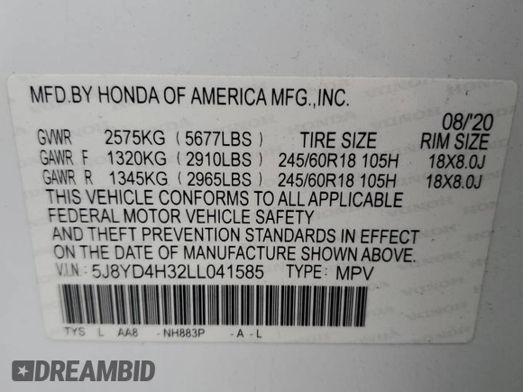 2020 Acura MDX with VIN 5J8YD4H32LL041585, listed as a Copart auction lot 85487224 with 71,111 mi miles and Non Repairable. Bid and sale history available at carsss.com. Image 13.