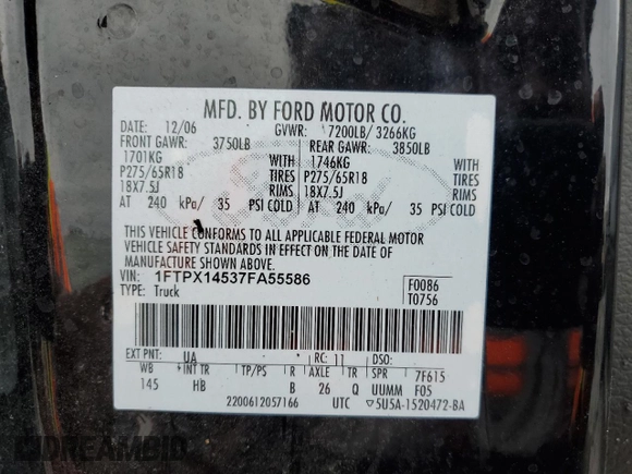2007 Ford F-150 XLT с VIN 1FTPX14537FA55586, выставлен на аукционе Copart как лот 53273465 с пробегом Не указан миль и На запчасти • Non repairable. История ставок и продаж доступна на DreamBid. Изображение 13.