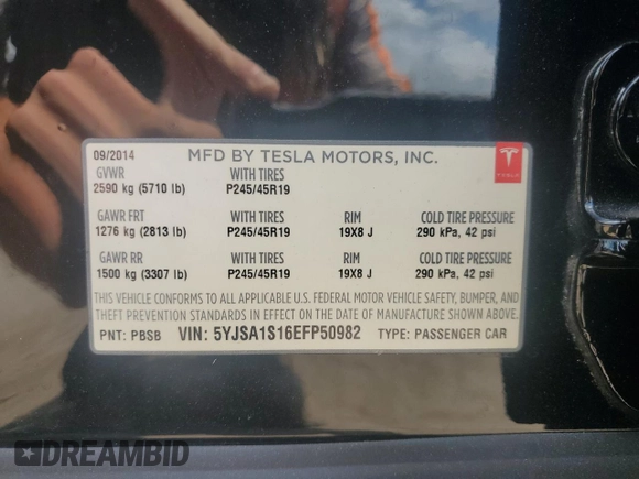 2014 Tesla Model S 60 with VIN 5YJSA1S16EFP50982, listed as a Copart auction lot 54426015 with 76,515 mi miles and Salvage title. Bid and sale history available at DreamBid. Image 12.