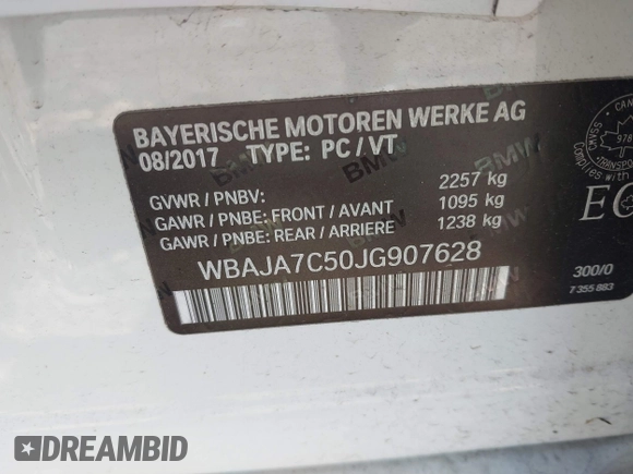 2018 BMW 5 Series 530i xDrive with VIN WBAJA7C50JG907628, listed as a IAAI auction lot 42646818 with 100,215 mi miles and . Bid and sale history available at DreamBid. Image 9.