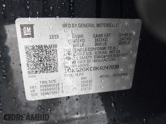 2019 GMC Yukon XL SLT with VIN 1GKS2GKC0KR247038, listed as a IAAI auction lot 41573870 with 133,865 mi miles and . Bid and sale history available at DreamBid. Image 9.