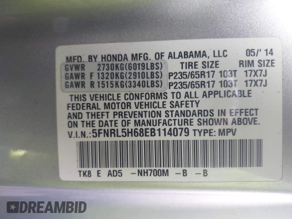 2014 Honda Odyssey EX-L with VIN 5FNRL5H68EB114079, listed as a IAAI auction lot 42117639 with Not Provided miles and . Bid and sale history available at carsss.com. Image 9.