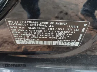 2017 Volkswagen Passat SE with VIN 1VWBT7A39HC032213, listed as a IAAI auction lot 42334358 with 99,277 mi miles and . Bid and sale history available at DreamBid. Image 9.