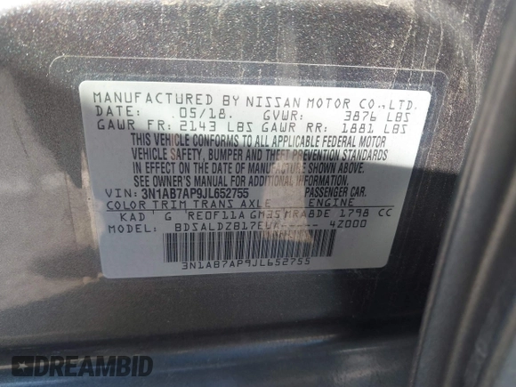 2018 Nissan Sentra SV with VIN 3N1AB7AP9JL652755, listed as a IAAI auction lot 41871955 with 97,217 mi miles and . Bid and sale history available at DreamBid. Image 9.