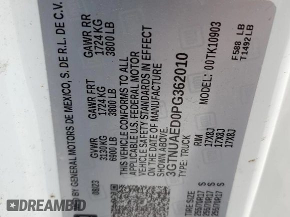 2023 GMC Sierra 1500 with VIN 3GTNUAED0PG362010, listed as a Copart auction lot 87900335 with 23,496 mi miles and Salvage Title. Bid and sale history available at DreamBid. Image 12.