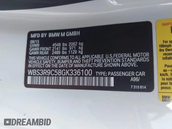 2016 BMW M4 with VIN WBS3R9C58GK336100, listed as a IAAI auction lot 41151151 with Not provided miles and . Bid and sale history available at DreamBid. Image 9.