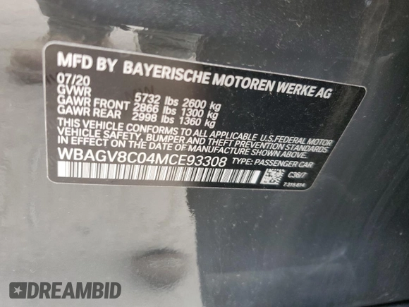 2021 BMW 8 Series M850i with VIN WBAGV8C04MCE93308, listed as a Copart auction lot 55030895 with 37,762 mi miles and Salvage title. Bid and sale history available at DreamBid. Image 12.