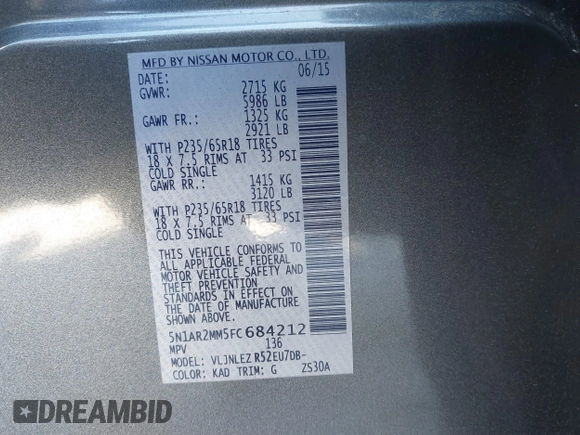 2015 Nissan Pathfinder Platinum with VIN 5N1AR2MM5FC684212, listed as a IAAI auction lot 41832912 with 157,465 mi miles and . Bid and sale history available at DreamBid. Image 9.