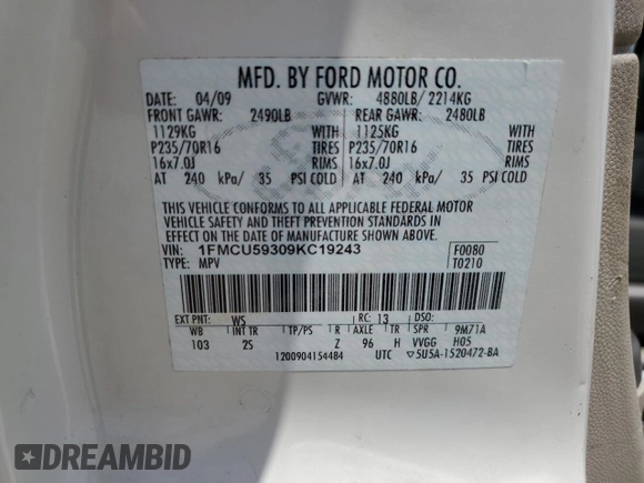 2009 Ford Escape Hybrid with VIN 1FMCU59309KC19243, listed as a Copart auction lot 61416915 with 74,732 mi miles and Salvage title. Bid and sale history available at DreamBid. Image 13.