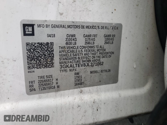 2018 GMC Terrain SLE z VIN 3GKALTEV8JL371062, wystawiony jako Copart lot #54381755 z przebiegiem 63 818 mil mil oraz Szkoda całkowita • Salvage title. Historia ofert i sprzedaży dostępna na DreamBid. Obrazek 13.