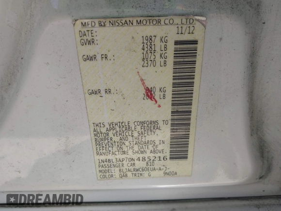 2013 Nissan Altima SV with VIN 1N4BL3AP7DN485216, listed as a IAAI auction lot 41965307 with 145,410 mi miles and . Bid and sale history available at DreamBid. Image 9.