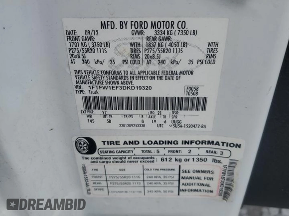 2013 Ford F-150 XL with VIN 1FTFW1EF3DKD19320, listed as a Copart auction lot 57107975 with 258,279 mi miles and Salvage title. Bid and sale history available at DreamBid. Image 12.