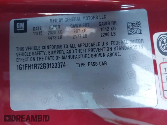 2016 Chevrolet Camaro 2SS with VIN 1G1FH1R72G0123374, listed as a IAAI auction lot 41218442 with Not provided miles and . Bid and sale history available at DreamBid. Image 9.