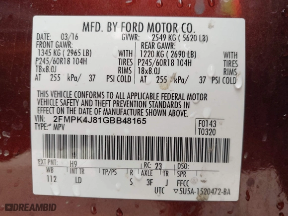 2016 Ford Edge SEL with VIN 2FMPK4J81GBB48165, listed as a IAAI auction lot 41801653 with 127,811 mi miles. Bid and sale history available at carsss.com. Image 9.