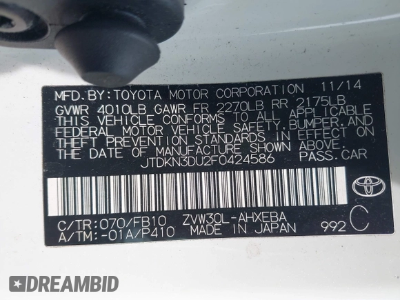 2015 Toyota Prius Four with VIN JTDKN3DU2F0424586, listed as a IAAI auction lot 42502544 with 281,407 mi miles and . Bid and sale history available at DreamBid. Image 9.