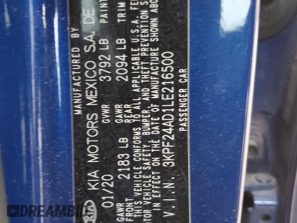 2020 Kia Forte LXS with VIN 3KPF24AD1LE216500, listed as a Copart auction lot 85343874 with 125,814 mi miles and Salvage Title. Bid and sale history available at carsss.com. Image 12.