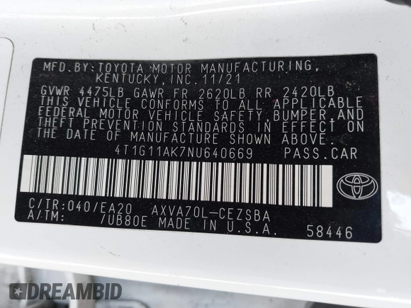 2022 Toyota Camry SE with VIN 4T1G11AK7NU640669, listed as a IAAI auction lot 41860599 with 111,515 mi miles and . Bid and sale history available at DreamBid. Image 9.