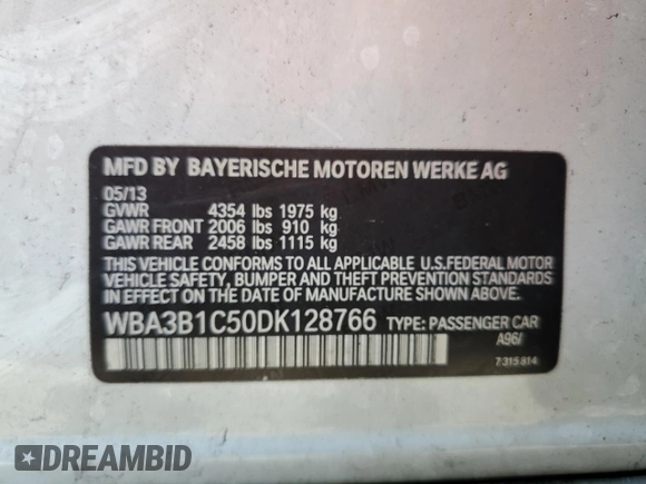 2013 BMW 3 Series 320i with VIN WBA3B1C50DK128766, listed as a Copart auction lot 86587114 with 0 mi miles and Salvage Title. Bid and sale history available at carsss.com. Image 12.