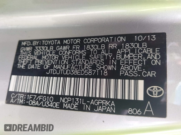 2014 Toyota Yaris L with VIN JTDJTUD38ED587118, listed as a IAAI auction lot 42211424 with 94,616 mi miles and . Bid and sale history available at DreamBid. Image 9.