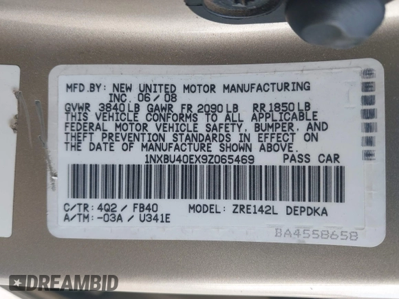 2009 Toyota Corolla with VIN 1NXBU40EX9Z065469, listed as a IAAI auction lot 42022537 with 179,819 mi miles. Bid and sale history available at carsss.com. Image 9.