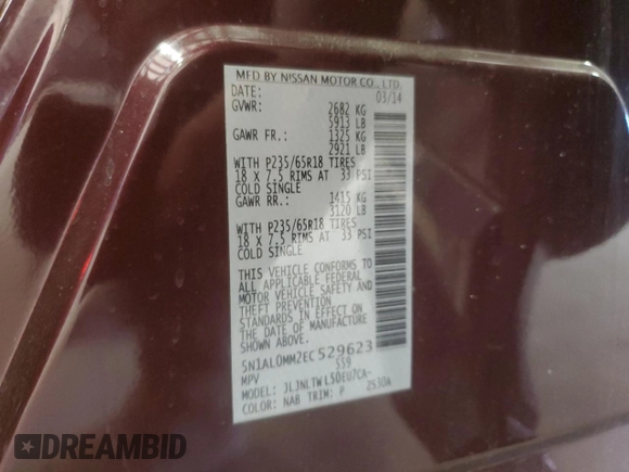 2014 Infiniti QX60 with VIN 5N1AL0MM2EC529623, listed as a Copart auction lot 49823425 with 81,327 mi miles and Salvage Title. Bid and sale history available at DreamBid. Image 13.