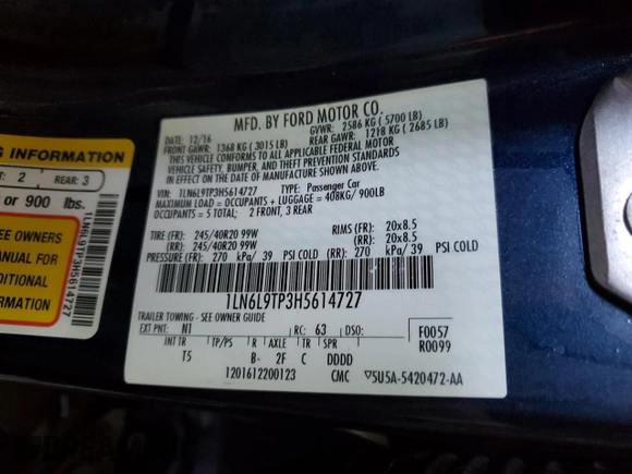 2017 Lincoln Continental with VIN 1LN6L9TP3H5614727, listed as a Copart auction lot 74480963 with Not provided miles and . Bid and sale history available at DreamBid. Image 12.