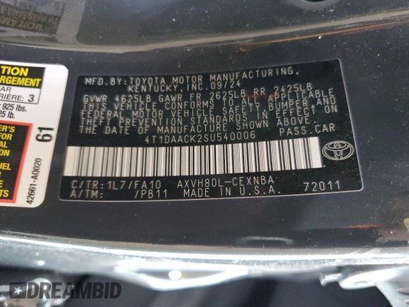 2025 Toyota Camry LE z VIN 4T1DAACK2SU540006, wystawiony jako Copart lot #53387515 z przebiegiem 7 822 mil mil oraz Szkoda całkowita • Salvage title. Historia ofert i sprzedaży dostępna na DreamBid. Obrazek 12.