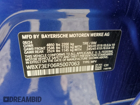 2024 BMW X1 xDrive28i with VIN WBX73EF06R5007063, listed as a Copart auction lot 56143075 with 2,947 mi miles and Salvage title. Bid and sale history available at DreamBid. Image 14.