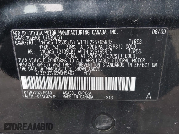 2009 Toyota RAV4 with VIN 2T3ZF33V69W015402, listed as a IAAI auction lot 41356354 with 1 mi miles. Bid and sale history available at carsss.com. Image 9.
