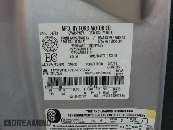 2013 Ford F-150 XL with VIN 1FTFW1EF7DKE73822, listed as a Copart auction lot 59001795 with 358,444 mi miles and Clean title. Bid and sale history available at DreamBid. Image 12.