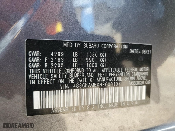 2022 Subaru Impreza Sport with VIN 4S3GKAM6XN3600107, listed as a Copart auction lot 72555324 with 30,795 mi miles and Clean Title. Bid and sale history available at carsss.com. Image 14.