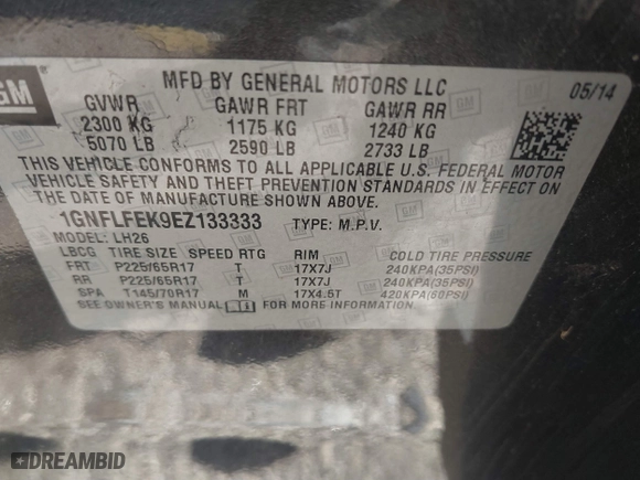 2014 Chevrolet Equinox LT with VIN 1GNFLFEK9EZ133333, listed as a IAAI auction lot 40502418 with 135,652 mi miles. Bid and sale history available at carsss.com. Image 9.
