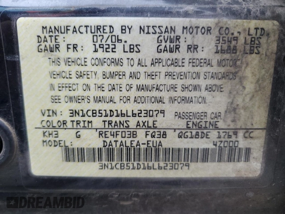 2006 Nissan Sentra S with VIN 3N1CB51D16L623079, listed as a Copart auction lot 47757305 with 227,801 mi miles and Salvage Title. Bid and sale history available at DreamBid. Image 12.