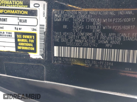 2018 Toyota Sienna L with VIN 5TDZZ3DC7JS912142, listed as a IAAI auction lot 42330428 with 221,498 mi miles and . Bid and sale history available at DreamBid. Image 9.