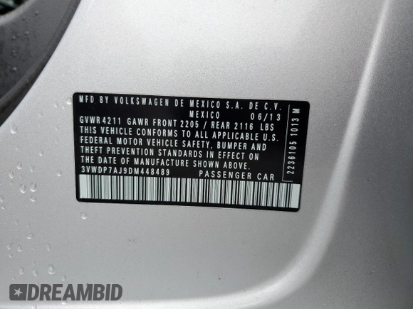 2013 Volkswagen Jetta SE with VIN 3VWDP7AJ9DM448489, listed as a Copart auction lot 62683725 with 178,931 mi miles and Salvage title. Bid and sale history available at DreamBid. Image 12.