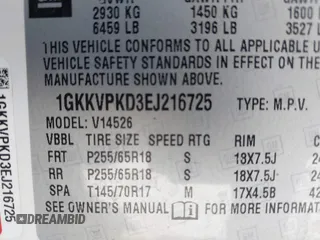 2014 GMC Acadia SLE with VIN 1GKKVPKD3EJ216725, listed as a IAAI auction lot 42138452 with 184,998 mi miles and . Bid and sale history available at carsss.com. Image 9.