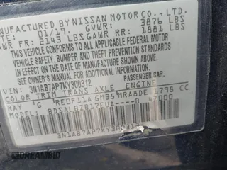 2019 Nissan Sentra SV with VIN 3N1AB7AP7KY300312, listed as a IAAI auction lot 42240648 with 96,189 mi miles and . Bid and sale history available at DreamBid. Image 9.