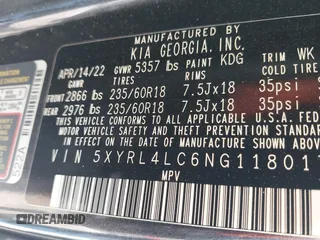 2022 Kia Sorento S with VIN 5XYRL4LC6NG118017, listed as a IAAI auction lot 42042953 with 36,978 mi miles and . Bid and sale history available at DreamBid. Image 9.