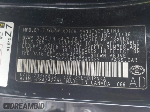 2006 Toyota Matrix STD with VIN 2T1KR32E56C585522, listed as a IAAI auction lot 41889262 with 202,817 mi miles and . Bid and sale history available at DreamBid. Image 9.