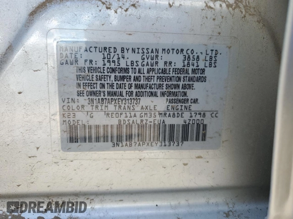 2014 Nissan Sentra SV with VIN 3N1AB7APXEY313737, listed as a Copart auction lot 63610815 with 108,297 mi miles and Clean title. Bid and sale history available at DreamBid. Image 12.