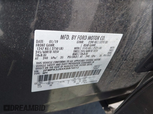 2019 Ford Edge SEL with VIN 2FMPK3J9XKBB76512, listed as a IAAI auction lot 42498683 with 119,513 mi miles and . Bid and sale history available at DreamBid. Image 9.